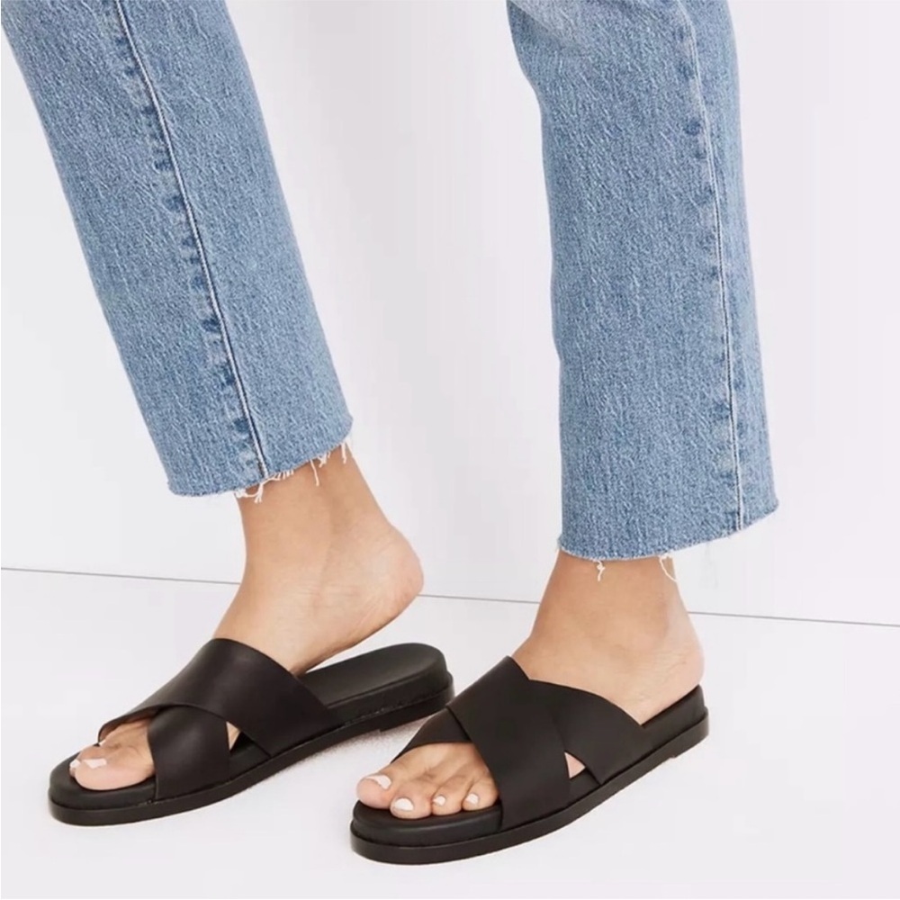 Madewell Black Cross-Strap Leather Slide Sandals